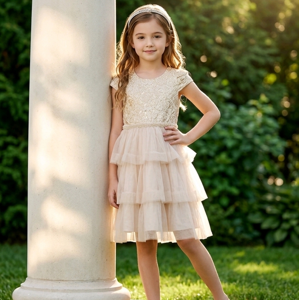 Biscotti Elegant Dress Gold Metallic Damask Flower Girl Formal Party Wedding